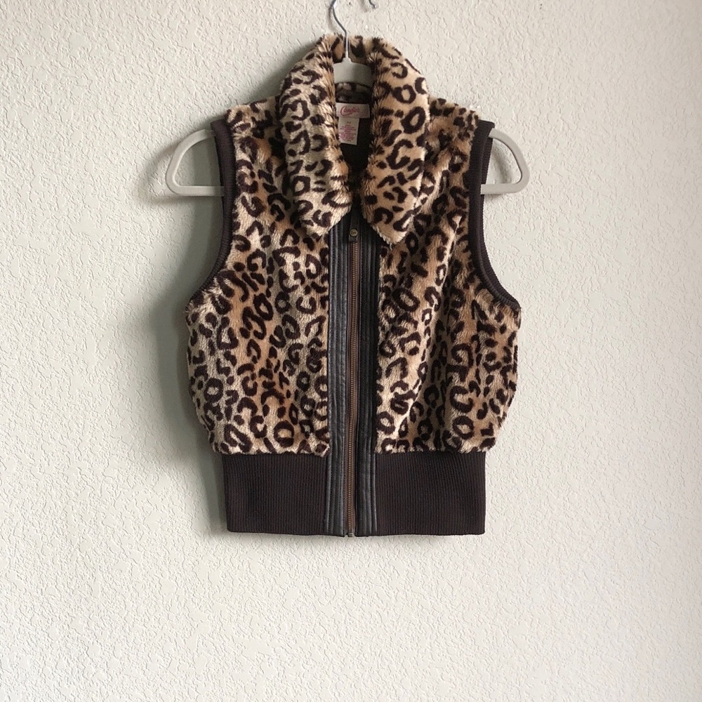 Candie’s Faux Fur Leopard Print Zip Vest Y2K Medium